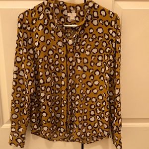 J. Crew Factory Modern Leopard Print Button Down Camp Shirt with Neck Tie Detail